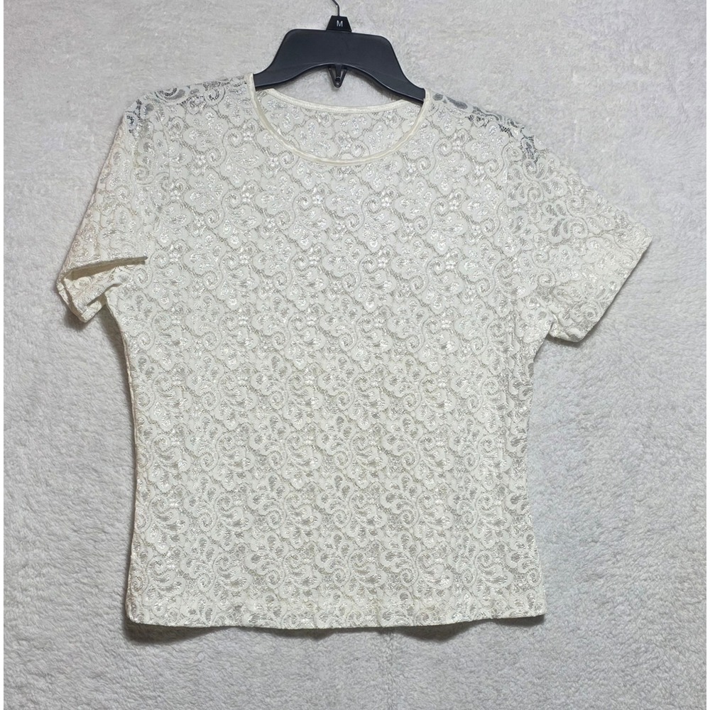 Lucie Ann II Vintage Ivory Lace Short Sleeve Top Shimmer Made in USA Medium
